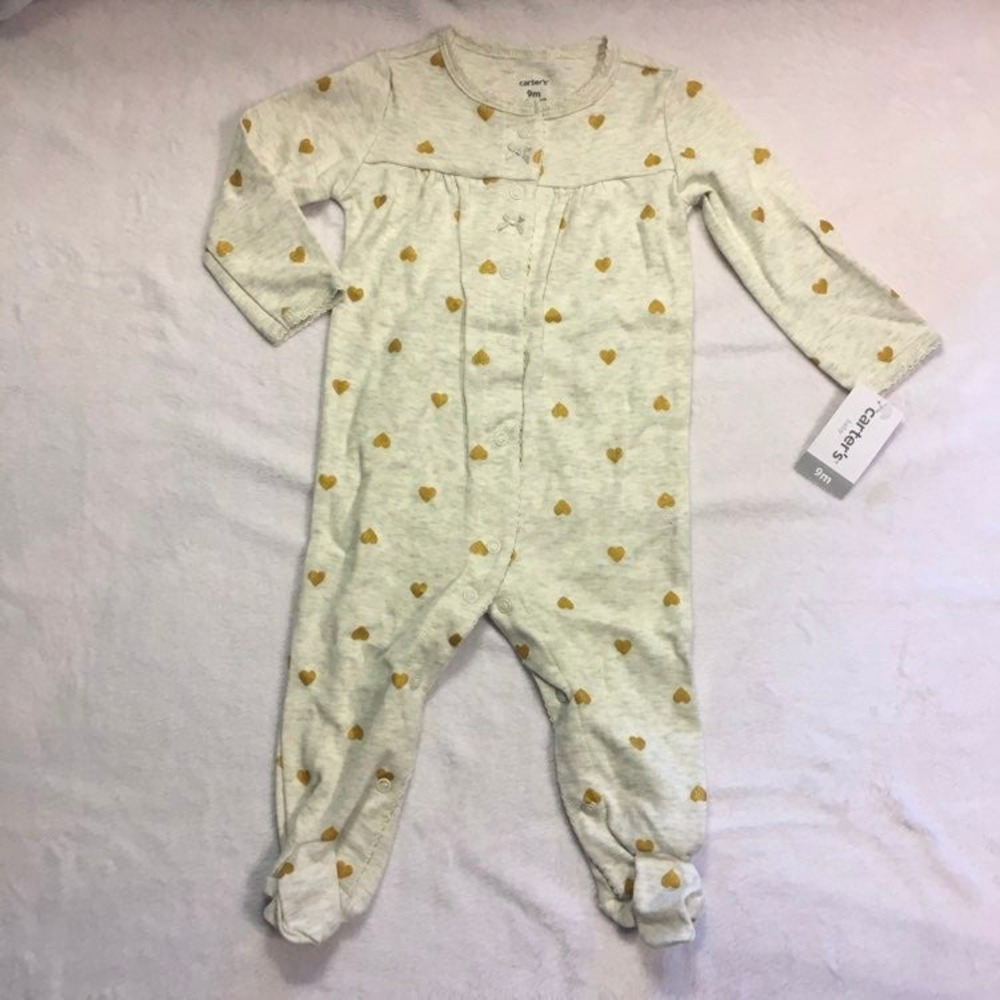 Carter's Footed Sleeper Baby 9M Gray Gold Heart New NWT Long Sleeve Snap PJs